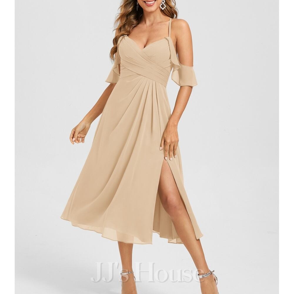 JJs House Champagne Midi Dress with Sweetheart Neckline